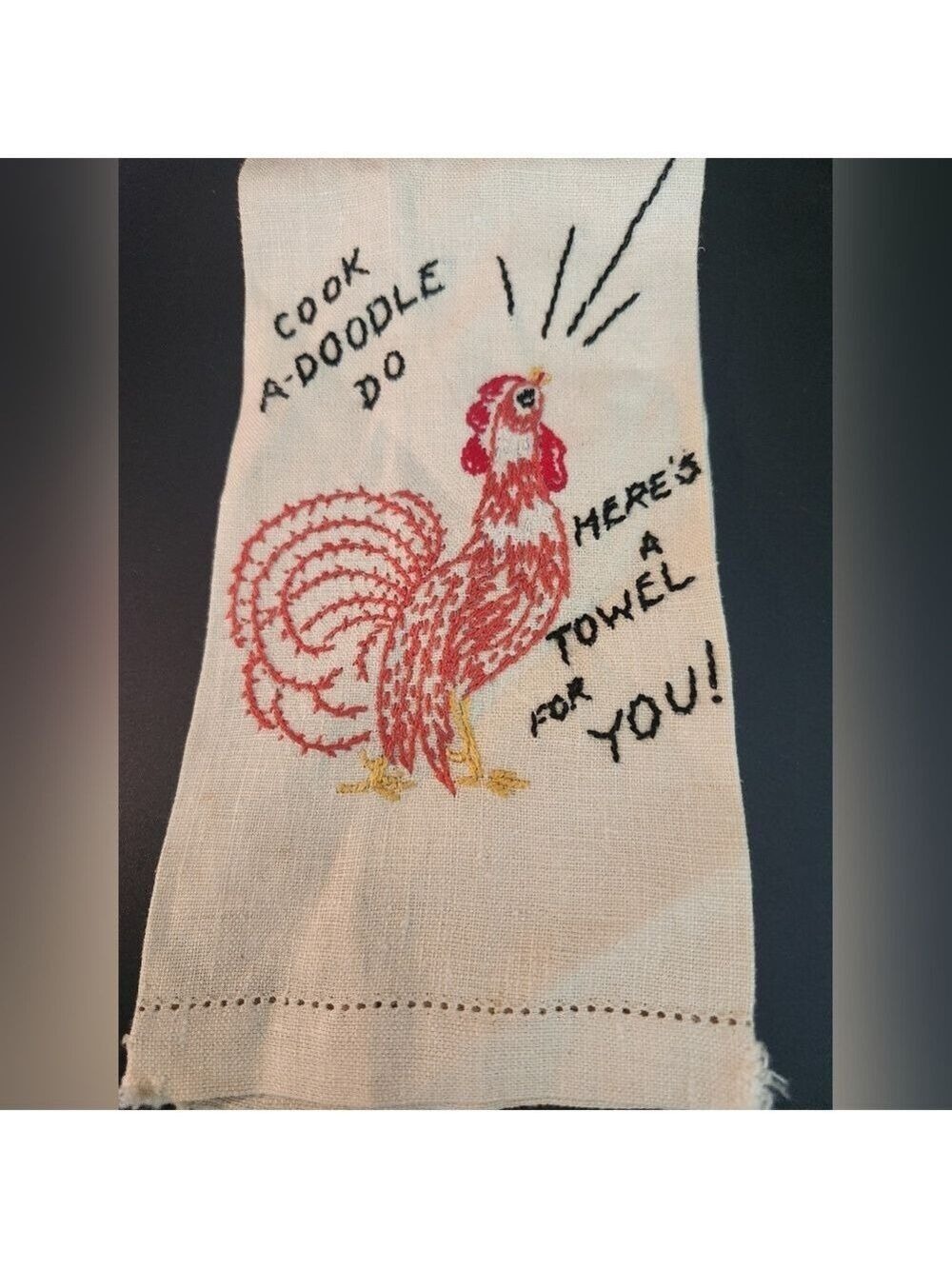 Vtg Rooster Embroidered Linen Vintage 19.5" x 12.25" Rectangle Cream Handmade